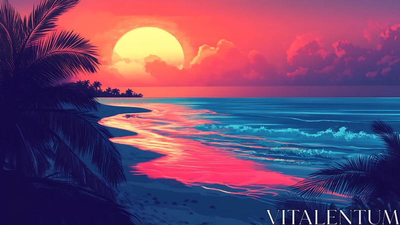 Chromatic tropical shoreline under hyper-saturated sunset glow.