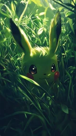 Digital painting of hidden Pikachu amid luminous forest grass.