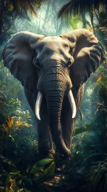 Solitary elephant standing on narrow jungle path in light.