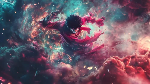 Central anime figure moves through turbulent luminous clouds