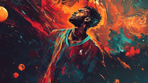 Dynamic football portrait in fiery orange teal abstract swirls