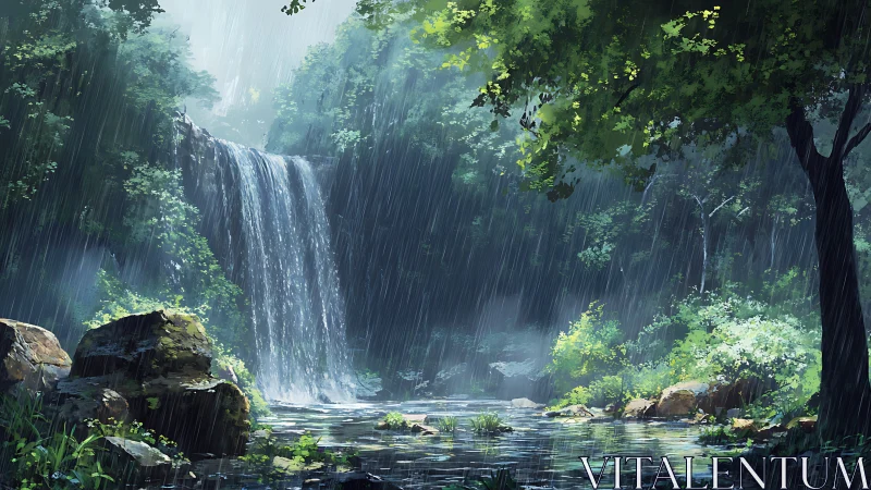 Rain-Kissed Cascades Through Ancient Forest Realm.