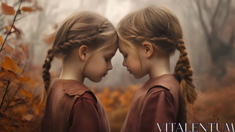 Symmetrical twin girls in soft-focus autumn forest color palette