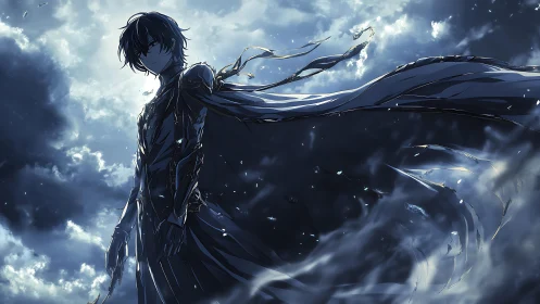Dark armored hero stands against stormlit swirling sky
