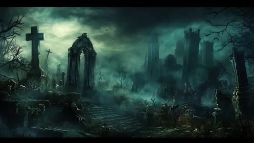 Moonlit graveyard breathes mist over ruined gothic spires