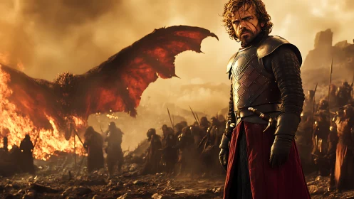 Battle-scarred strategist before a roaring war dragon inferno.