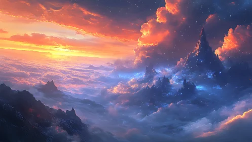 Luminous sky mountains rise above glowing clouds at sunset