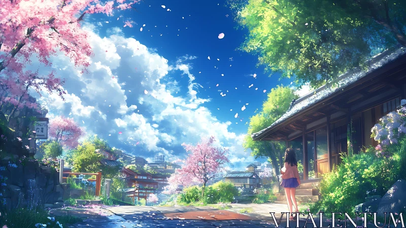 Girl walks through cherry blossom village under bright sky