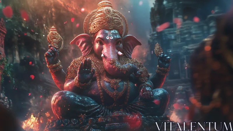 Luminescent Ganesh sculpture amid volumetric ember field.