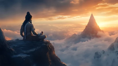 Meditating figure over clouded mountains at sunrise.