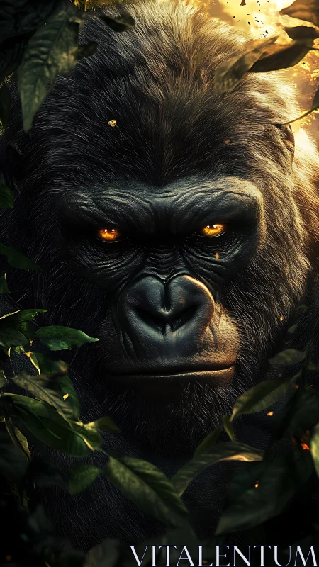 Golden-eyed gorilla quietly watches from the glowing jungle