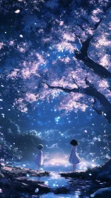 Nocturnal cherry grove with twin figures by reflective stream