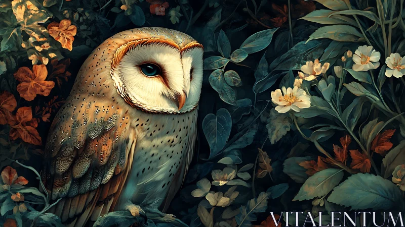 Majestic Barn Owl in Lush Floral Forest, Digital Art Style.