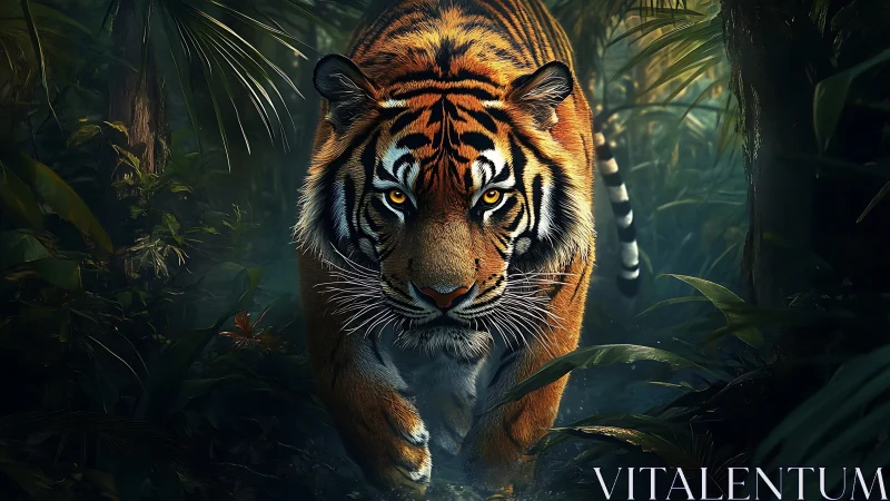 Jungle monarch prowling through emerald shadowlight focus.