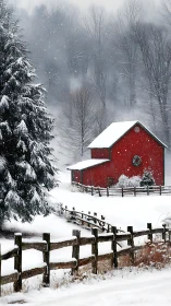 Photographic rural barn in structured winter landscape composition.