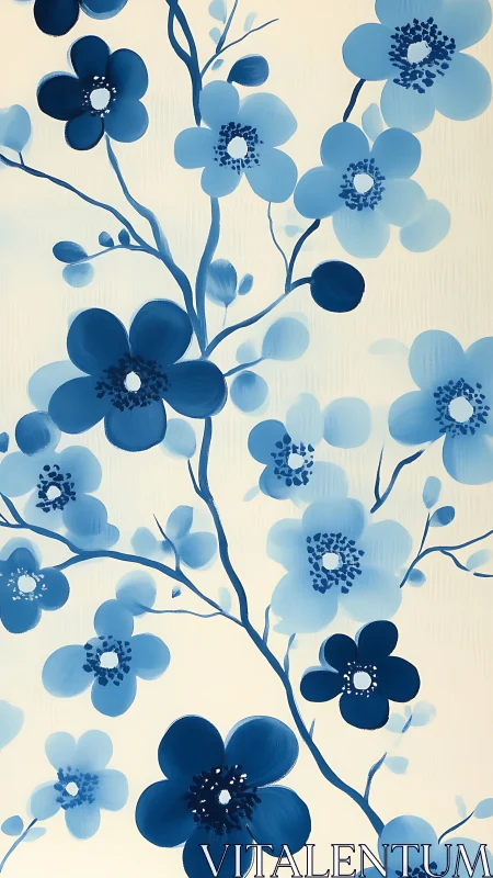 Cerulean botanicals dance across cream canvas with whimsical grace.