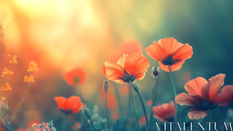 Poppies photographed against bokeh background with warm daylight