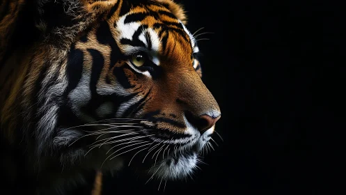 Tiger profile portrait shows sharp whiskers and striped fur