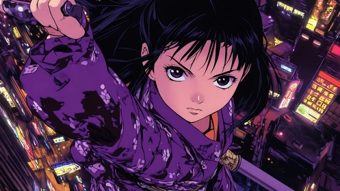 Female sword wielder above neon city nightscape vantage.