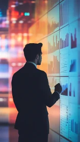 Corporate analyst studying illuminated data wall display.