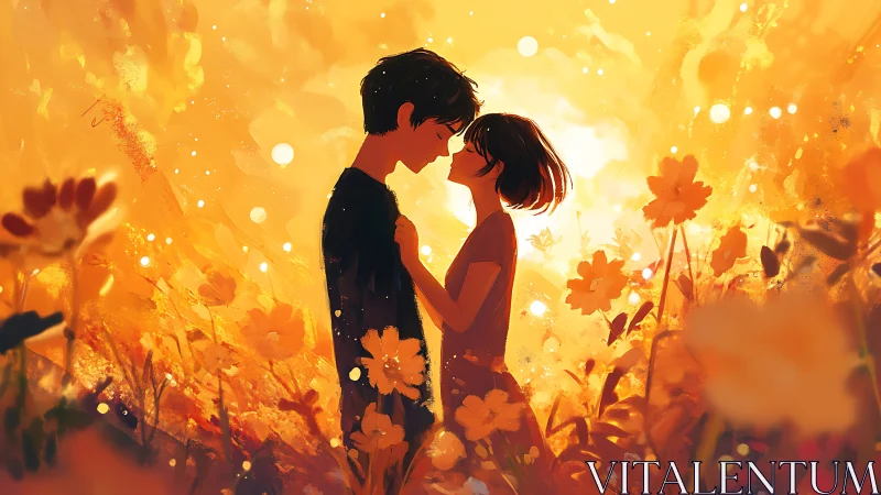 Couple in Sunlit Flower Field Embracing at Golden Hour.