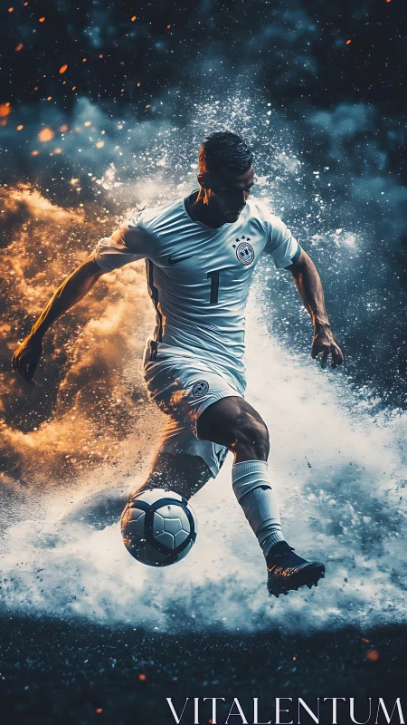 Fiery soccer hero charging forward in a burst of energy.