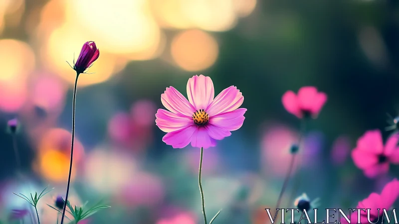 Cosmos Flowers in Soft Focus: Pink Petals Against Warm Golden Light.
