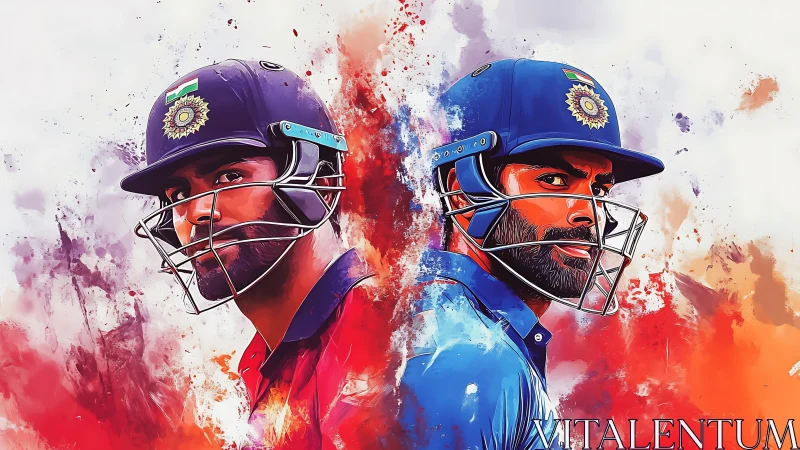 Cricket batter portraits erupt amid red and blue paint bursts.