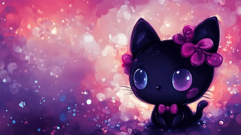 Cute violet-eyed black cat sits in dreamy bokeh light.