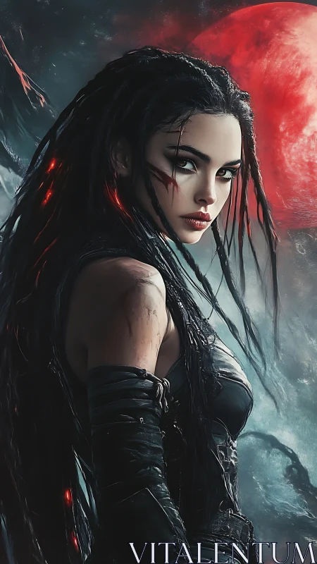 Dark warrior woman against red moon in alien sky.