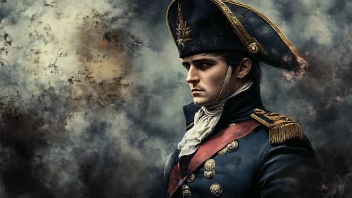 Napoleonic officer portrait amid smoky battlefield haze.