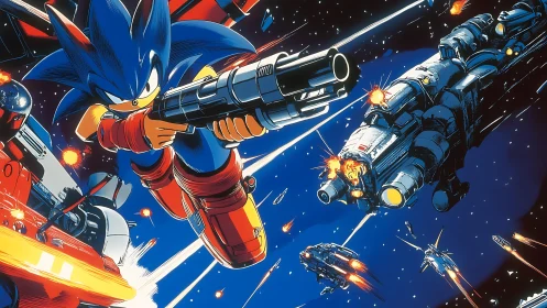 Blue speedster engages starship assault in neon-lit space.