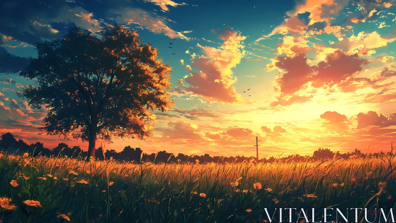 Solitary tree in open field under vivid sunset sky.