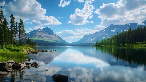 Peaceful mountain lake reflecting bright blue summer skies.