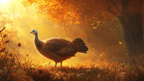Wild turkey in golden backlit autumn woodland clearing