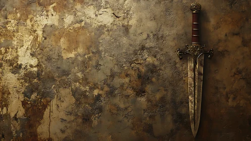Photorealistic ornate sword on distressed bronze wall.