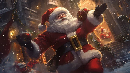 Joyful Santa Claus celebrates Christmas on a snowy street
