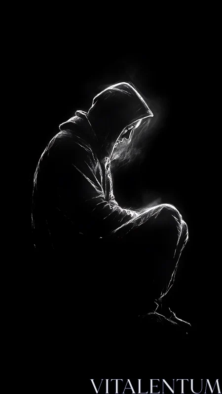 Hooded figure in stark silhouette against deep black void.