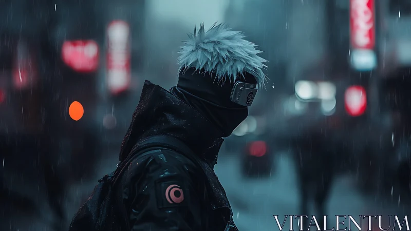 Neon rain crowns a masked wanderer in cyberpunk dusk streets