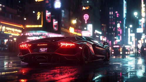 Neon drenched supercar under refracted rainlight dynamics.