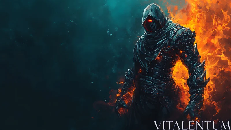Hooded armored figure stands before orange flames in darkness