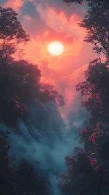 Luminous sun above misty canyon in neon twilight glow.