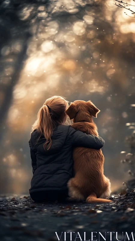 Child and Dog Share Tender Moment in Golden Light.