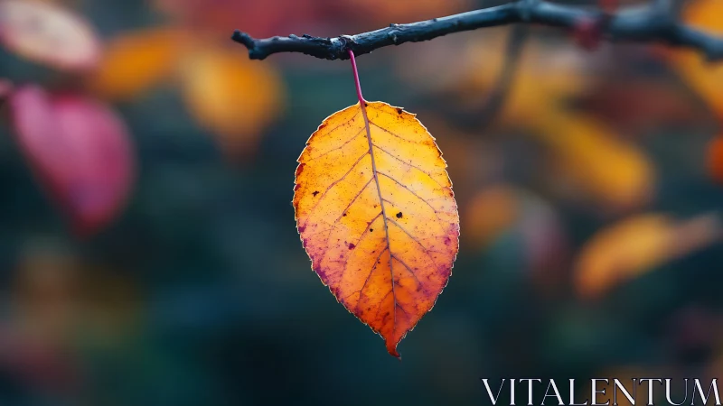 Single autumn leaf suspended against soft bokeh background
