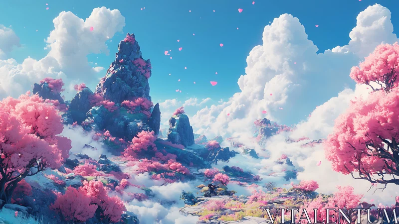 Dreamy pink mountain valley floating in gentle clouds.