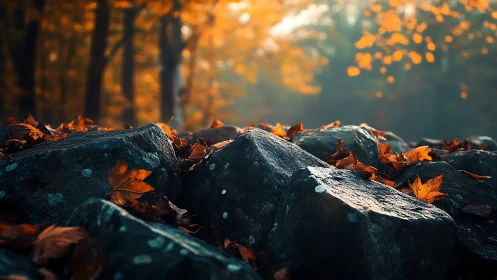 Stone-backed autumn quietly cradles its fiery fallen leaves