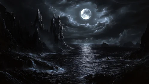 Moonlit black ocean unfolds beneath storm-torn skies.