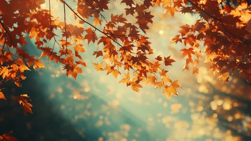 Golden autumn leaves glow softly in warm forest light