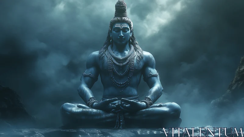 Blue-toned meditative deity figure in cloudy rocky setting.