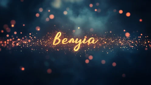 Luminous Beryia script glows amid drifting golden particles